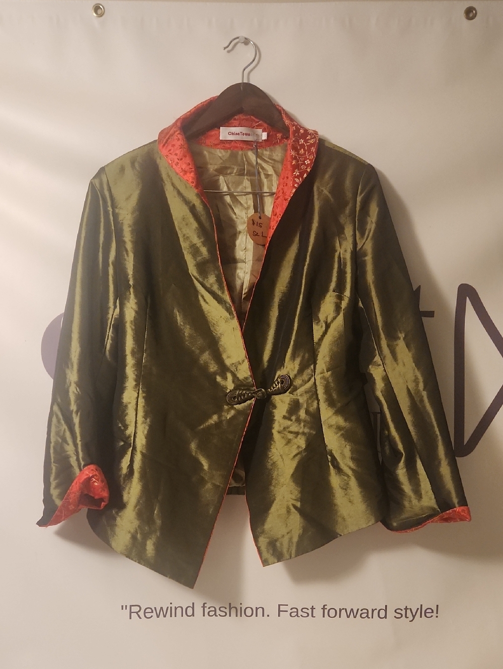 Christina Green Satin Blazer with Red Trim